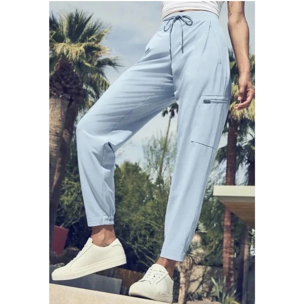 Athleta Go Far Travel Light Powder Blue Casual Cargo Zipper Tie Joggers Pants 2